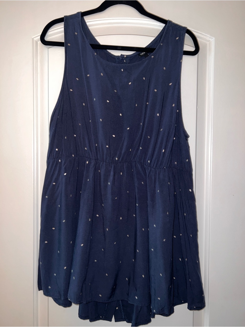 Sleeveless Navy Blouse with Tiny Dot Detail